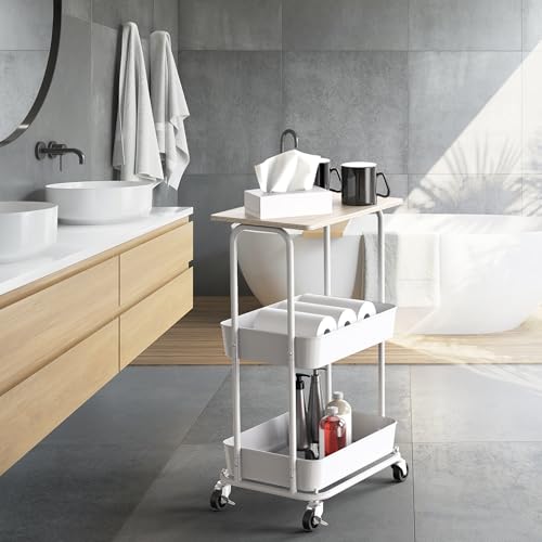 Simple Houseware 2-Tier Rolling Utility Cart Wood Top/Lockable Wheel, Maple | Metal Storage Organizer Trolley for Kitchen, Bathroom, Office, Craft Room - color: Maple