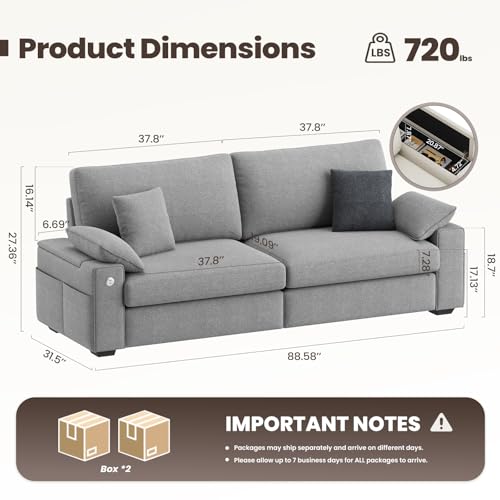 MALOL 89" Loveseat Couch, 3 Seater Upholstered Mid-Century Mondern Love Seat with USB Type C Ports, 4 Pillows and Storage Armrest Cloud Foam Sofa for Living Room/Small Spaces, Grey - color: Grey