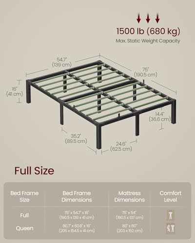 VASAGLE Superfast Assembly, Metal Full Bed Frame, Heavy-Duty Platform Bed Frame Full Size, 1500 lb Weight Capacity, Steel Slats, No Box Spring Needed, Ink Black and Forest Green URMB872B01 - size: Full Size, style: 16 Inch