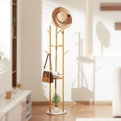 VEVOR Coat Rack, Freestanding Coat Rack Stand with Quartz Stone Base & 9 Hooks, Free Standing Hall Coat Tree for Entryway, Bedroom, Office, Living Room, Modern Clothes Hanger for Coat, Hat, Scarf, Bag - style: with Storage Board