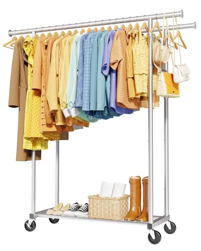 Sakugi Mobile Double Rod Clothes Rack, Freestanding Garment Organizer with Medium Load Capacity and Bottom Storage Shelf for Home Use,Silver - color: Silver, size: 45.6" x 16.9" x 62"(2 Rods)