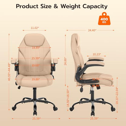 Ylzyxal Office Desk Chair, Ergonomic Computer Chair with Padded Flip-Up Arms and Adjustable Lumbar Support, PU Leather Executive Chair with Tilt Lock and 360° Swivel Rolling Wheels for Work, Study - color: Beige