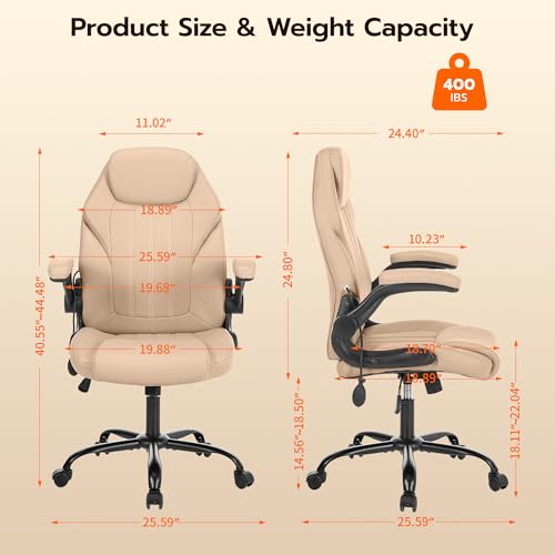 Ylzyxal Office Desk Chair, Ergonomic Computer Chair with Padded Flip-Up Arms and Adjustable Lumbar Support, PU Leather Executive Chair with Tilt Lock and 360° Swivel Rolling Wheels for Work, Study - color: Beige