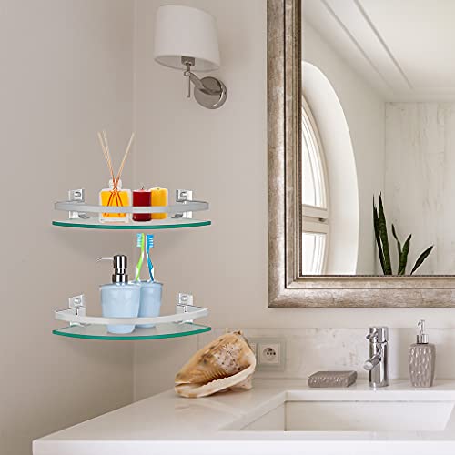 2 Pcs Tempered Glass Corner Shelf with Rail & Brackets, 9.5" x 9.5" Floating Shower Caddy, Wall Mounted Shampoo Holder Organizer for Bathroom, Kitchen, Living Room