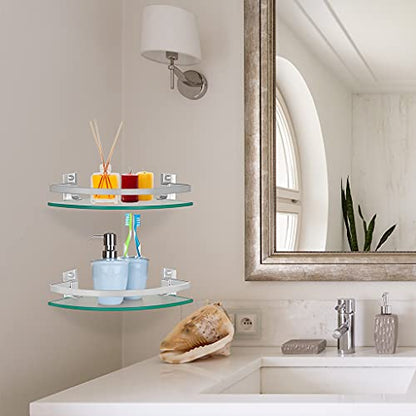 2 Pcs Tempered Glass Corner Shelf with Rail & Brackets, 9.5" x 9.5" Floating Shower Caddy, Wall Mounted Shampoo Holder Organizer for Bathroom, Kitchen, Living Room