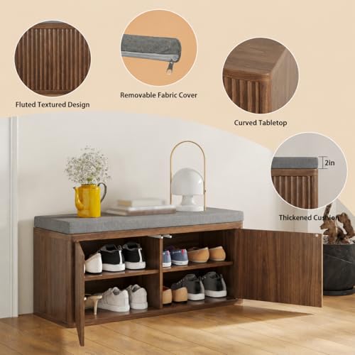 Shoe Cabinet Bench with Cushion,Double Layered Wooden Shoe Bench with Soft Cushion,Shoe Rack for Entryway,Bedroom,Living Room (Walnut Sturdy Entryway Bench) - color: 2 Door Walnut Sturdy Entryway Bench