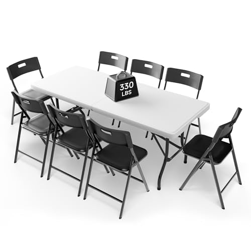 6FT Folding Table Set with 8 Folding Chairs, Heavy Duty 330 lbs Table & 330 lbs Chairs, Portable Folding Furniture Bundle for Camping, Party, Indoor & Outdoor Use - color: White Table & Black Chairs, size: 6ft, style: 8 chairs