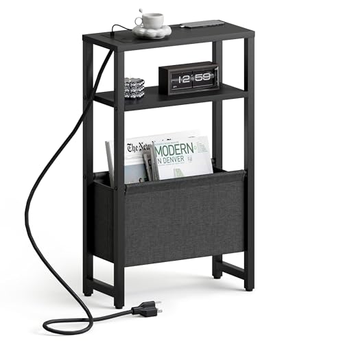 Narrow Side Table with Charging Station, Slim End Table with Magazine Rack, Bedside Table for Small Spaces, 3 Tier Sofa Couch Table Nightstand for Living Room, Bedroom, Black LET503BE - color: Black, style: With Charging Station