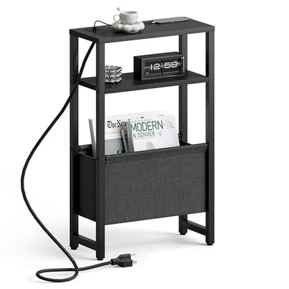 Narrow Side Table with Charging Station, Slim End Table with Magazine Rack, Bedside Table for Small Spaces, 3 Tier Sofa Couch Table Nightstand for Living Room, Bedroom, Black LET503BE - color: Black, style: With Charging Station