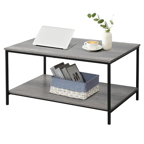 SENIG 2-Tier Coffee Table with Storage Shelf for Small Space 31.5 inch | Grey Oak Rectangle Wood and Sturdy Metal Side End Table Functional Center Table for Living Room - color: Grey Oak, size: 31.5in