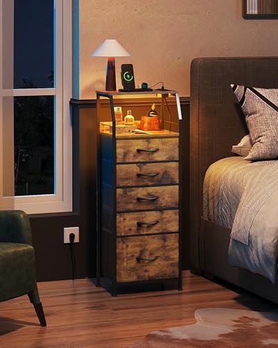 WLIVE LED Nightstand with Charging Station, Fabric Dresser with 5 Drawers for Bedroom, Tall Night Stand with Open Shelves, Bed Side Tables Living Room, Rustic Brown - color: Rustic Brown Wood Grain Print, size: 5 Drawers