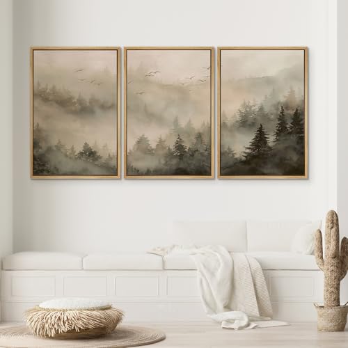 SIGNWIN Framed Canvas Print Wall Art Set Misty Pine Forest Landscape Neutral Woodland Illustrations Modern Scenic Colorful Ultra for Living Room, Bedroom, Office - 16"x24"x3 Natural - color: A26-2603-irs22, size: 16"x24"x3 Panels Natural