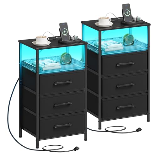 JARHETUN Night Stand Set 2 with Charging Station, 3 Drawer Nightstands with LED Lights, End Table with Outlets and USB Ports, Side Table with Open Shelf, Bedside Tables for Bedroom, Black - color: Black, style: Power & LED