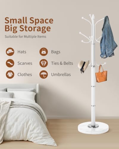 Snaikor Metal Coat Rack Freestanding, Sturdy Coat Rack Stand with Natural Marble Base, White Coat Racks Tree Hats Hanger Holder Stand for Entryway, Hallway(12 Hooks) - color: White-12Hooks