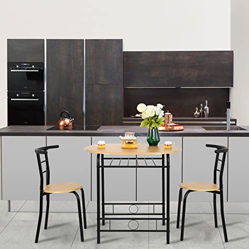VINGLI 3 Piece Dining Set,Small Kitchen Table Set for 2,Breakfast Table Set for 2,Kitchen Wooden Table and 2 Chairs for Small Space/Dining Room/Apartment,Metal Frame,Wine Rack,Black&Natural - color: Black&natural