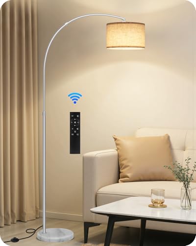 75" Arc Floor Lamp with Marble Base and Adjustable Height, Rotating Hanging Shade, Dimmable Floor Lamp for Living Room with Remote and Foot Switch, 3CCT, Beige Shade and Silver Pole SE15LD05N1 - color: Silver + Beige