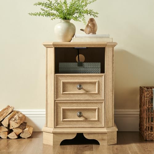 T4TREAM Farmhouse Nightstand with Charging Station, 18" End Table with 2 Drawers, Wood Side Table, Bedside Cabinet for Bedroom, Living Room (Natural Oak) - color: Natural Oak