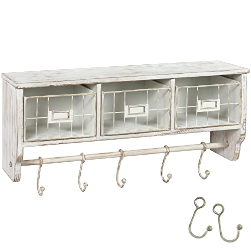 HBCY Creations Wall Mounted Shelf with Coat Hooks and Baskets, Solid Wood Entryway Organizer Wall Shelf with Hooks - Hang Coats, Keys or Coffee Mugs, Rustic Brown 24" Wide - color: Rustic Brown