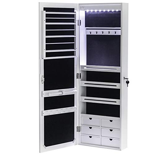 42.5" Wood Jewelry Mirror Cabinet,Wall or Door Mounted Jewelry Storage Cabinet,Space-Saving Large Jewelry Armoire Organizer,with Lock & LED Lights,for Living Room, Bedroom, Cloakroom (White) - size: 36.5x12.3x108cm