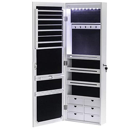 42.5" Wood Jewelry Mirror Cabinet,Wall or Door Mounted Jewelry Storage Cabinet,Space-Saving Large Jewelry Armoire Organizer,with Lock & LED Lights,for Living Room, Bedroom, Cloakroom (White) - size: 36.5x12.3x108cm