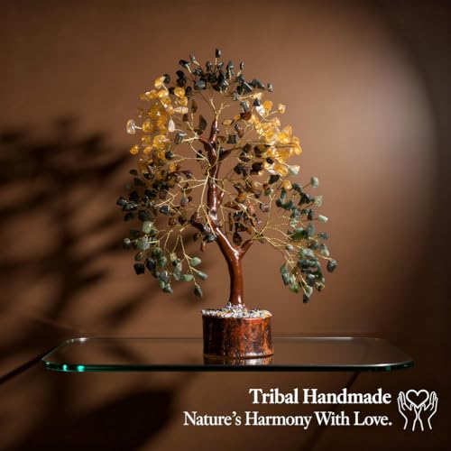 Money Wealth Crystal Tree of Life Set with Citrine, Pyrite, Tiger Eye, Green Aventurine, Chakra Healing Gemstone Trees for Prosperity, Success, Good Luck, Birthday Gifts for Women, Mom - color: Money Wealth Golden Wire