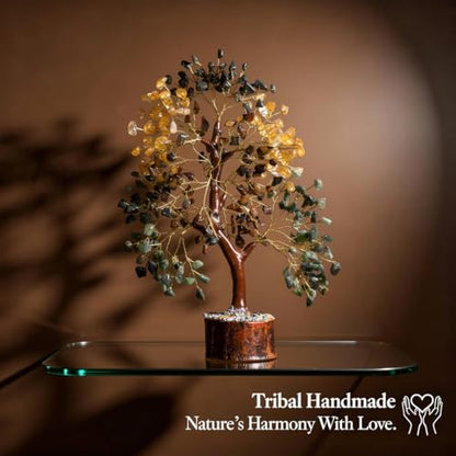 Money Wealth Crystal Tree of Life Set with Citrine, Pyrite, Tiger Eye, Green Aventurine, Chakra Healing Gemstone Trees for Prosperity, Success, Good Luck, Birthday Gifts for Women, Mom - color: Money Wealth Golden Wire