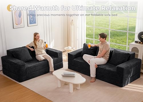 MAXYOYO Sofa Bed, 64-Inch Boneless Loveseat with 2 Cup Holders | Striped Black 4-in-1 Sofa Converts Into a Floor Couch or Recliner Chair; Sofa-in-a-Box Needs No Assembly for Living Rooms - color: Striped Black, size: Standard(64" Length)