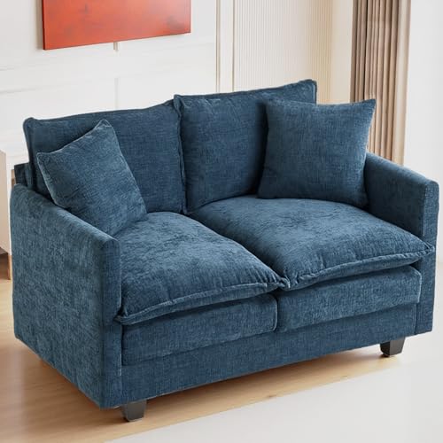 50 Inch Loveseat Sofa | Comfy Small Couch for Bedroom, Living Room, Office | Mini 2 Seater Sofa in a Box | Deep Seat with Double Layer Upholstered Cushion, Removable Cover, Chenille Fabric | Blue - color: Blue, size: 50Inch