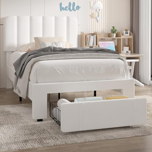 VECELO Twin Size Upholstered Bed Frame with Drawer and Headboard, Velvet Platform Storage Bedframe, Wooden Slats Support, No Box Spring Needed, White - color: White, size: Twin, style: Bed Frame with Drawer