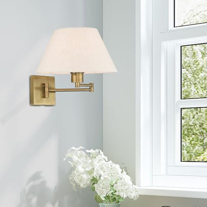 Livex Lighting 40038-01 1-Light Swing Arm Wall Light, Antique Brass | Oatmeal Fabric Shade - color: Antique Brass
