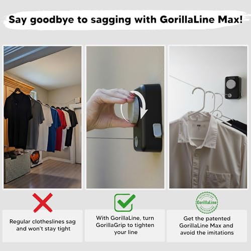 Max – Retractable Clothesline Indoor Outdoor, Non-Sagging Heavy Duty Clothes Drying Line, Wall Mounted Drying Rack, Air Dry Clothing, Max Tighten with GorillaGrip - style: Black - Upgraded Model