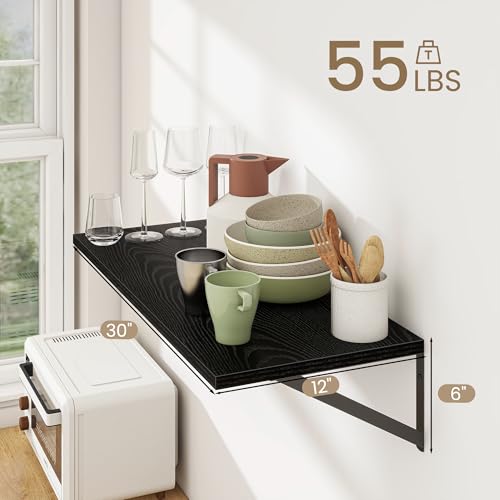 Dreamland Wall Mounted Floating Shelves Set of 2, 30x12, Black | Engineered Wood, Visible Bracket, Large Storage, Hold Up to 55lbs, Living Room, Bathroom, Bedroom, Kitchen - color: Black, size: 30"W x 12"D