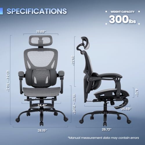 MALOL Ergonomic Mesh Office Chair with Footrest, Executive High Back Computer Desk Chair with 3D Adjustable Headrest & 5-Level Lumbar Support, Track Armrest, Tilt Lock, 300LBS, Grey - color: Grey