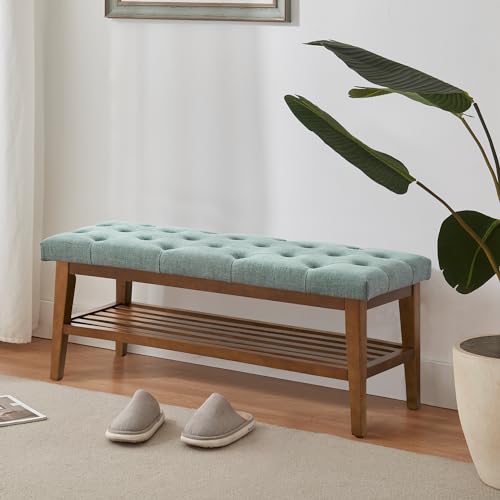 HUIMO Upholstered Entryway Shoe Bench, Button Tufted End of Bed Bench, Teal | with Solid Wood Slatted Shelf, Padded Ottoman Bench for Bedroom, Living Room, Entryway - color: Teal, style: French Country