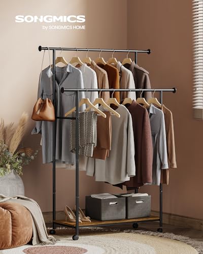 SONGMICS Clothes Rack with Wheels, Double-Rod Clothing Rack for Hanging Clothes, 38.8 Inches Garment Rack with Shelf, Loads up to 220 lb, for Bedroom, Closet, Rustic Brown and Ink Black UHSR152B01 | Clothing Rack for Hanging Clothes, 38.8 Inches, Loads up
