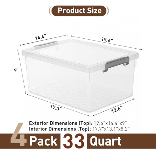Citylife 33 Qt Ultra-Thick Plastic Clear Storage Bins with Lids, 4-Pack | Heavy-Duty Straight-Wall Plastic Bins with Honeycomb Base and Pinch-Free Latches for Closets, Garages, and Decor, BPA-Free - size: 33 QT, style: 4 Pack