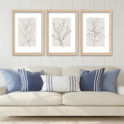 Neutral Botanical Line Art Decor – 3 Rustic Frames, 11x16" for Home Office | Minimalist Plant Wall Art for Living Room Bedroom bathroom - color: Neutral Botanical (Wood), size: 11"L x 16"W