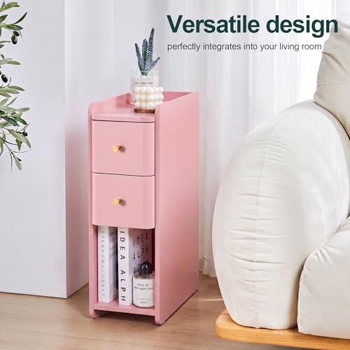 Narrow Nightstand Set of 2, Wooden Small 2 Drawer Nightstand, Slim Side End Table, Skinny Bedside Table, Mid Century Modern Night Stand with Drawers for Bedroom (Pink-1 pc) - color: Pink-1 Pc
