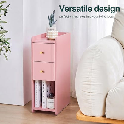 Narrow Nightstand Set of 2, Wooden Small 2 Drawer Nightstand, Slim Side End Table, Skinny Bedside Table, Mid Century Modern Night Stand with Drawers for Bedroom (Pink-1 pc) - color: Pink-1 Pc