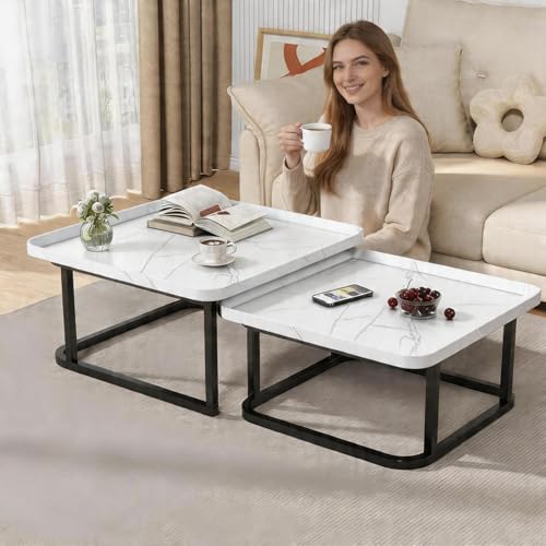 Nesting Coffee Table Set of 2 – Square Small Coffee Tables for Living Room, Bedroom, Balcony, Versatile End Table Set,Space Saving Mid Century Modern Nesting Coffee Tables Stackable, - color: White