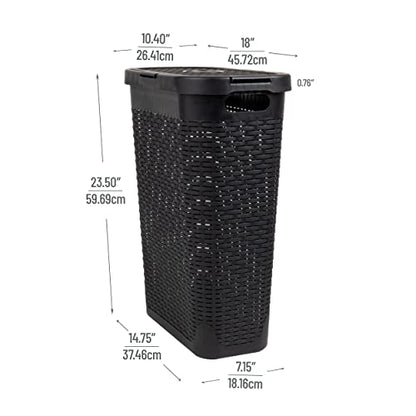 Mind Reader Slim Laundry Hamper with Lid, 40L Clothes Basket, Narrow Tapered Design with Ventilated Cutout Pattern, Plastic, Black - color: Black, size: Single