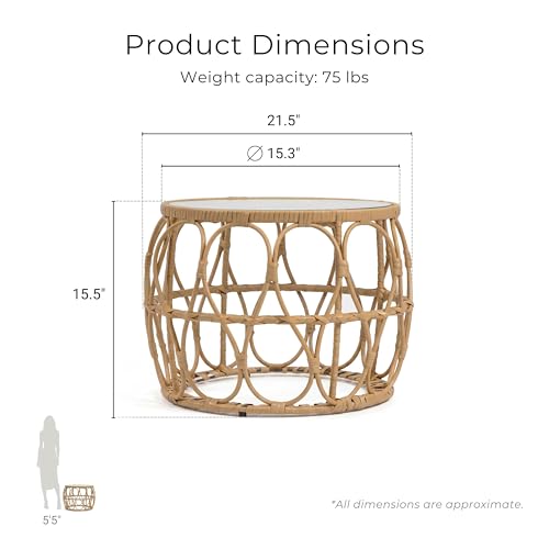 Furniture of America Ysar Boho Rattan Round Coffee Table Outdoor with 5mm Tempered Glass Top, All-Weather and Rust Resistant Patio Furniture - color: Natural/18.9 In.