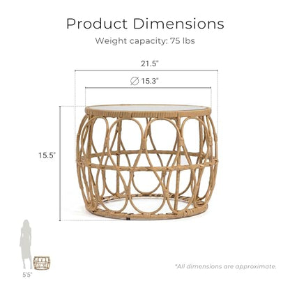 Furniture of America Ysar Boho Rattan Round Coffee Table Outdoor with 5mm Tempered Glass Top, All-Weather and Rust Resistant Patio Furniture - color: Natural/18.9 In.