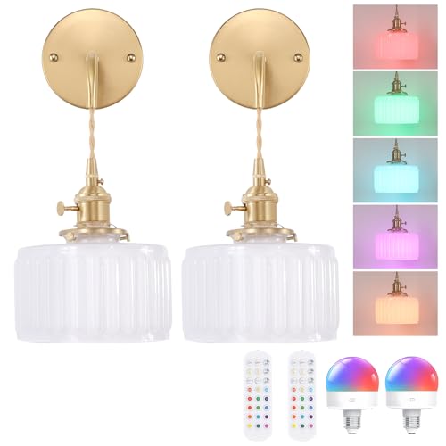 Shenmoyl Battery Operated Wall Sconce with White Striped Shade Pattern Glass Adjustable Chain Retro Wall Mounted Light, Modern Wall Lamp Fixtures Decor for Bedside Bedroom Indoor Doorway，Set of 2 - color: Z-Striped-White