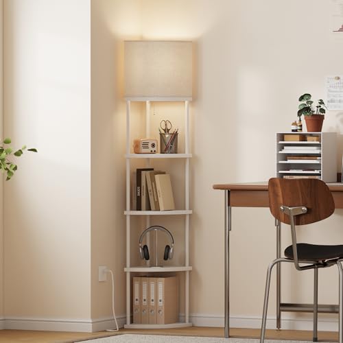 Qupui Floor Lamp with Shelves, 61.5" 5-Tier, 3-Color LED, White | Fabric Shade With Soft Cozy Light. 3 Color Temperatures 12W LED. 5 Tiers, 22 Lbs Each. Durable Composite Panels, Metal Frame - color: 5-Tier White