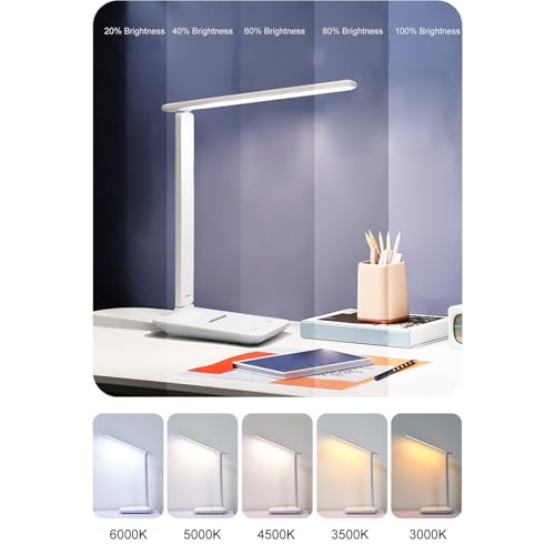 Eye Caring Table Lamp, 180 Adjustable Rotating Foldable Desk Lamp with USB C Charging Port, 5 Color Temperatures 5 Dimming Levels (White) - color: White