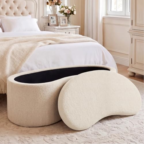 Zesthouse Storage Bench for Bedroom End of Bed, 39.4" Small Curved Entryway Ottoman Bench, Beige Linen Fabric Bench Seat for Living Room Hall Mudroom, Modern Upholstered Coffee Table Crescent Shape - color: Beige Linen, size: Storage Available