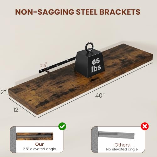 Vivelove Deep Floating Shelves 40x12” Set of 2, Rustic Brown | Easy Install With Hardware, 2" Thick, Invisible Brackets, Wall Mounted, No Sagging, For Any Room - color: Rustic Brown, size: 40”wx12”dx2”h