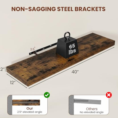 Vivelove Deep Floating Shelves 40x12” Set of 2, Rustic Brown | Easy Install With Hardware, 2" Thick, Invisible Brackets, Wall Mounted, No Sagging, For Any Room - color: Rustic Brown, size: 40”wx12”dx2”h