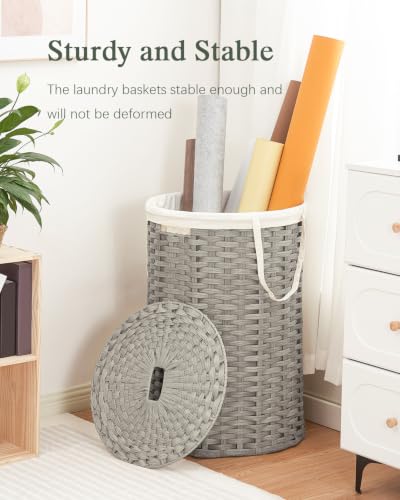 SETVSON Large Laundry Hamper Laundry Basket with Lid, Round PE Rattan, Gray | 130L Large Woven Basket with Lid, Removable Washable Liner Bag, 2 Mesh Laundry Bags, Foldable Long Side Handles - color: Gray, size: 130 L